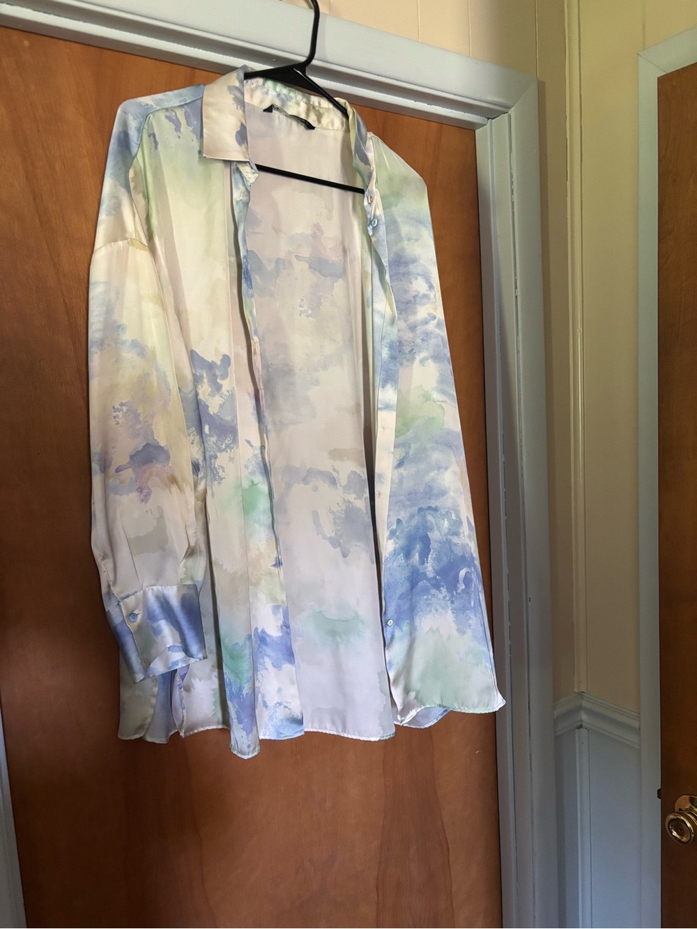 Zara Pastel Watercolor Button-Down Shirt - Blue, Green, Cream